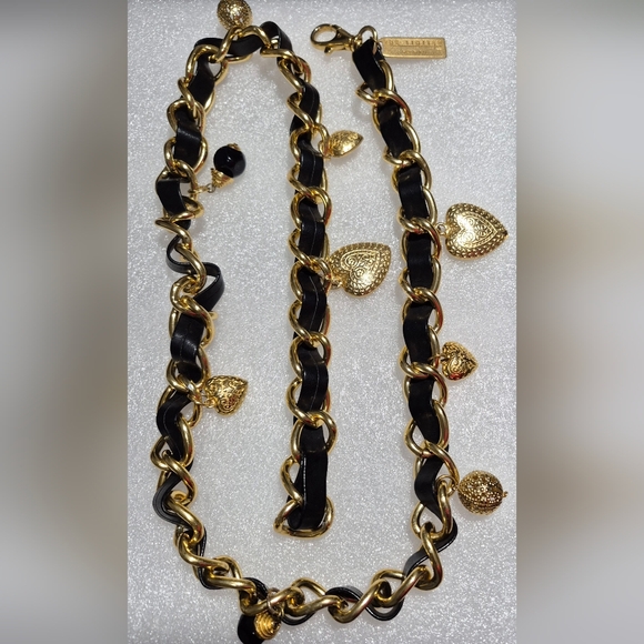 The Limited Vtg Italy Black Leather Chain Belt W/Gold Hearted-Beaded Charms 37" - Picture 8 of 16